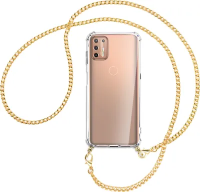 Produktbild von Handykette Backcover-Schutzhülle mit Band (Metall goldfarben) für Motorola Moto G9 Plus - türkis