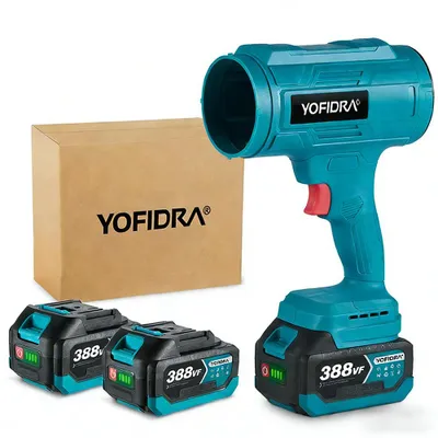 A teal leaf blower with two batteries and a box are arranged on a white background.