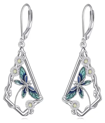 Image de Solidchoice - Boucles d'oreilles en argent sterling avec motif libellule et marguerites