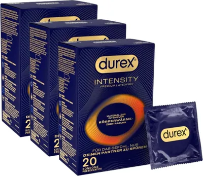 Produktbild von Durex Intensity Kondome - Ultra dünn plus für intensive Körperwärmeübertragung - Mit viel Silikongleitgel befeuchtet - Ohne Latex - 3 x 20 Stück