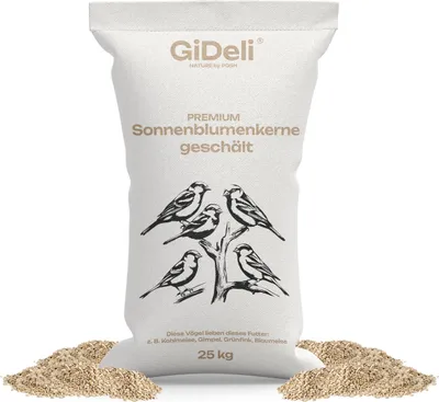 A bag of birdseed with a drawing of birds on it, with some seed spilled in front.