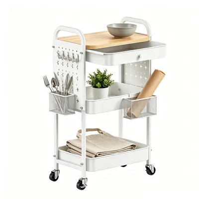 Produktbild von Rollwagen, Küchenwagen, 2 Metallgitterablagen und 1 Schublade, Servierwagen, 2 abnehmbare Lochplatten, 2 Hängekörbe, 4 Haken – Weiß