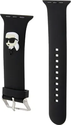 A black watch strap with a Karl Lagerfeld head design.