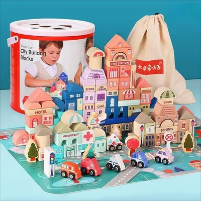 Produktbild von Hölzerne Stadtblöcke Für Kinder Ab 3 Jahren, Puzzle-Bodenmatte + Formensortierer + Blöcke, 115 Stück.