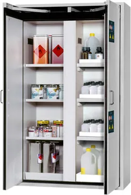 Produktbild von Transportabler Sicherheitsschrank Typ 90 - 4 Abteile - ca. 2 x 1,2 x 0,6 m - 4 Fachböden - Lochblecheinsatz - Edelstahl - anthrazitgrau/enzianblau
