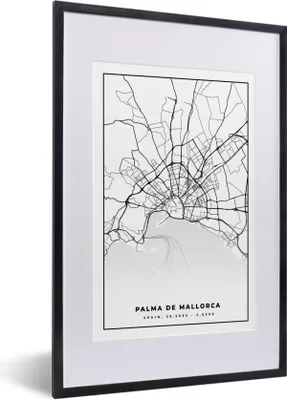 Produktbild von MuchoWow® Gerahmtes Poster Mallorca - Stadtplan - Karte - Schwarz und weiß - Karte 40x60 cm - Poster mit Schwarzem Bilderrahmen Wandposter Rahmen Foto Bilder - Poster in Rahmen