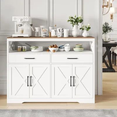 Produktbild von Küchenbuffet 140x40x105 cm, 4 Türen, 2 Schubladen, verstellbare Regale, Weiß, praktisches und modernes Design für jede Küche