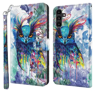 Produktbild von CLM-Tech Handyhülle kompatibel mit Samsung Galaxy A35 5G Hülle - Tasche aus Kunstleder - Klapphülle mit Ständer und Kartenfächern - Schutzhülle Wallet Case Cover Eule bunt