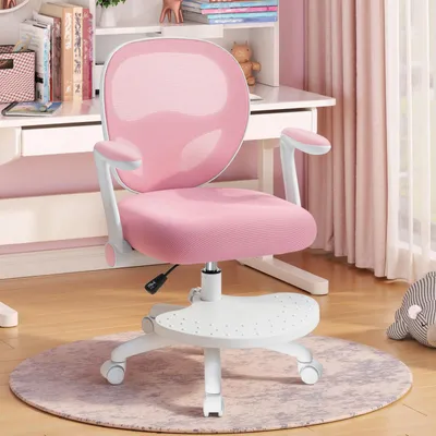 Produktbild von HOFFREE Kinder Schreibtischstuhl Ergonomischer Drehstuhl mit klappbaren Armlehnen & Fußstütze, atmungsaktiver Netzstuhl in Pink, für Jungen & Mädchen
