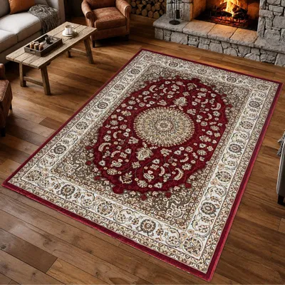 Productafbeelding van Rood-crème vloerkleed met medaillonmotieven en een zachte textuur. Afmetingen: 240 x 340 cm