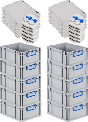Produktbild von SuperSparSet 10x Eurobox NextGen Color mit Scharnierdeckel und Schiebeschnappverschlüssen | HxBxT 17x30x40cm | 16 Liter | Grau | Griffe blau geschlossen | Glatter Boden | Eurobehälter, Transportbox, Transportbehälter, Stapelbehälter