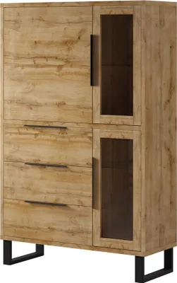 Produktbild von Furniture24 Vitrine Halle 12 Wohnzimmerschrank, Standvitrine,Schrank, Vitrinenschrank mit 3 Türen und 3 Schubladen in Wotan Eiche Nachbildung