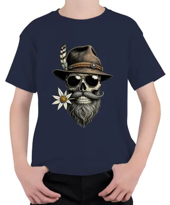 Produktbild von Totenkopf Bart Edelweiss Trachtenhut  Lederhose Dirndl Kinder T-Shirt, Navy, 152