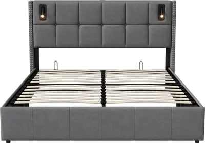 Obrázek produktu pro Čalouněná postel – manželská postel 160 × 200 cm – úložný prostor s hydraulickým systémem – čelo s LED osvětlením a úložným prostorem – sametový potah – šedá