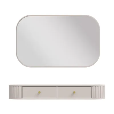 Produktbild von AX LIVING Schminktisch Halay Beige 2 Schubladen mit runden Kanten + Rechteckiger Spiegel