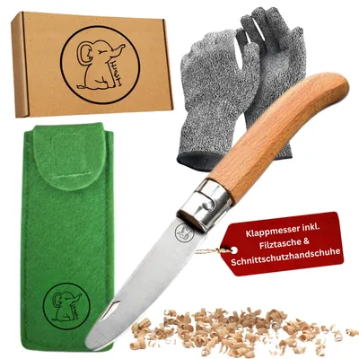 Produktbild von Eli® Schnitzmesser Kinder mit Filztasche ab 6 Jahre - Taschenmesser - Kindermesser Schnitzset inkl. schnittfeste Handschuhe - Kinderschnitzmesser grün