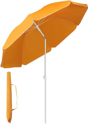 An orange beach umbrella is shown open with its white pole extended. A matching orange carrying case with a strap is visible to the left.
