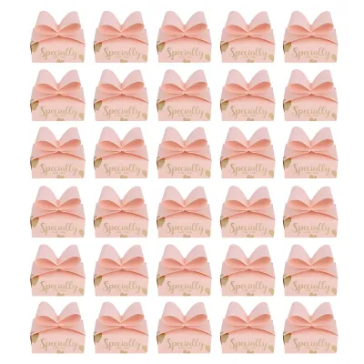 Imagen del producto de 30 cajas con forma de lazo para dulces, ideales para regalos, obsequios, galletas, fiestas, Navidad, cumpleaños y bodas. Color rosa