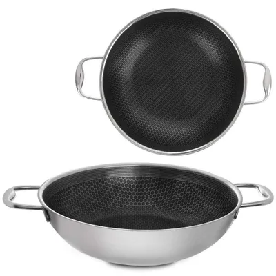 A top and side view of a wok pan.