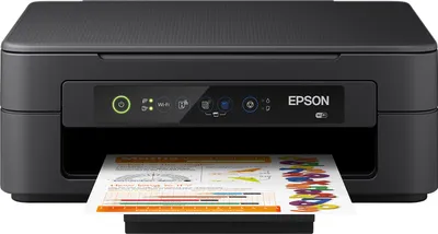 A black Epson printer is shown from the front, printing a document.