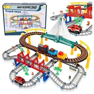 Image de Malplay Grand circuit de train électrique à 2 niveaux avec pont, 103 pièces, pour les enfants à partir de 3 ans, cadeau