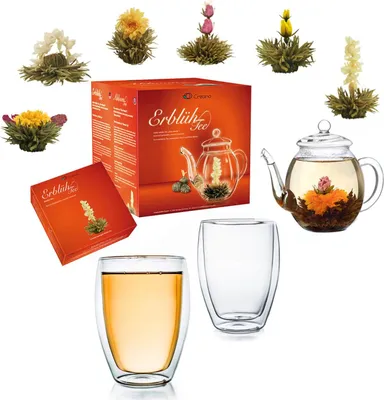 Produktbild von Creano Teeblumen Mix - Geschenkset Erblühtee mit Glaskanne & 2x 250ml Thermogläser - Weißer Tee (in 6 Sorten)