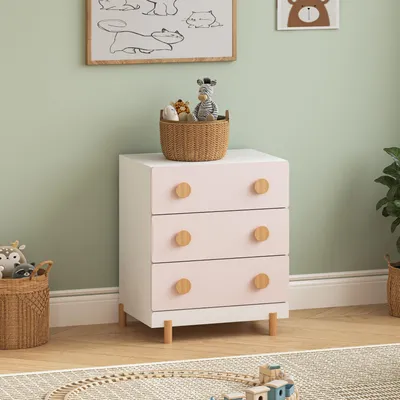 Obrázok produktu pre Komoda pre deti 'Vaarentaa', 55 x 41 x 66 cm, s 3 zásuvkami, drevené nožičky, biela/ružová