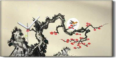 Produktbild von Dekor Leinwand Uhr Wandbilder 60x30 Malerei Asiatische Tinte Ast Blumen Vogel - weiße Hände