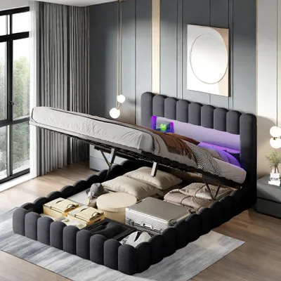 Produktbild von Polsterbett 160x200cm, Boxspringbett mit hydraulisches Bettkasten, Bett mit Lattenrost, Leselicht mit USB-Ladeanschluss und LED-Beleuchtung, Stauraumbett Doppelbett Jugendbett (Grau)