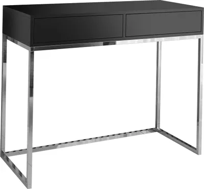 A black desk with a chrome frame against a white background.