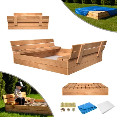 Produktbild von MAMOI Sandkasten mit Deckel 120x120 Sandbox Imprägniert Sandkiste mit Sitzbänken Holz Spielzeug Abdeckung Sitzbänken 150x150