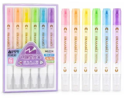 Immagine prodotto di Pennarelli cancellabili pastello, set da 6 pezzi, doppia punta (4 mm e punta a cuneo), colori: rosso, giallo, arancione, verde, blu, viola. Ideali per scuola e ufficio