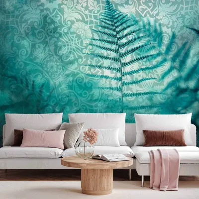 Produktbild von Selbstklebende Folie Fototapete - In a forest retreat - abstract composition with ferns and patterns 392x280 cm Blätter b-C-10106-a-a
