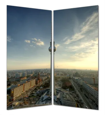 Produktbild von Wallario selbstklebende Duschrückwand 180 x 200 cm mit Motiv Fernsehturm Berlin mit Panoramablick über die Stadt - Wandverkleidung mit Hochglanzlaminat in Glasoptik