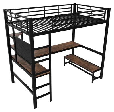Image de Lit superposé avec bureau - 140 x 200 cm - Structure en métal - Barrière de sécurité - Échelle - Ports USB et USB-C avec éclairage LED - Noir