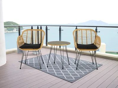 Zdjęcie produktu dla Happy Home Happy Home Zestaw casualowy 3-częściowy Zestaw balkonowy Zestaw wypoczynkowy HGS43-SCH jasny rattan z poduszkami do siedzenia w kolorze czarnym