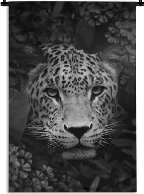 Produktbild von MuchoWow® Wandteppich Wandbehang Panther zwischen Blumen im Dschungel - schwarz und weiß 60x90 cm Tapisserie Dekoration Wandtuch - Foto-Teppich - Abwaschbar