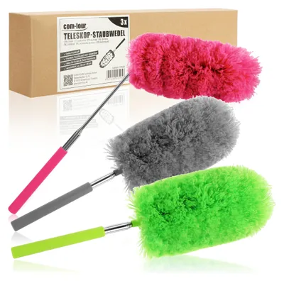 Produktbild von COM-FOUR® 3x Chenille Staubwedel mit Teleskopstange - Staubwischer mit biegsamem Kopf in modernen Farben