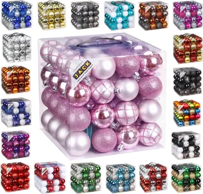 Produktbild von 64x Kunststoff Christbaumkugeln Ø 6cm Kugel Box Glanz Glitzer Matt + Aufhänger Rosa