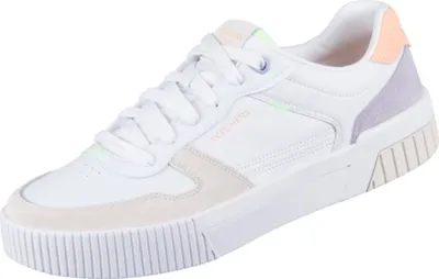 A single white sneaker with beige, purple, and peach accents is shown against a white background.