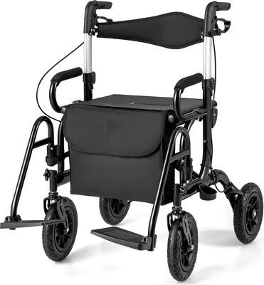 Immagine prodotto di COSTWAY 2in1 rollator e sedia a rotelle pieghevole con sedile, pneumatici, borsa e porta bastone, ausilio alla deambulazione regolabile in altezza in 6 direzioni fino a 140 kg alluminio nero