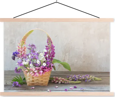Produktbild von MuchoWow® Textilposter Korb - Blumen - Stilleben 120x80 cm mit holzfarbenen Rahmen - Aufhängeset