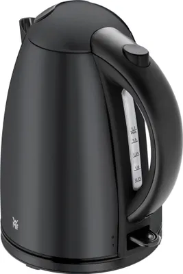 A black electric kettle is shown against a white background.