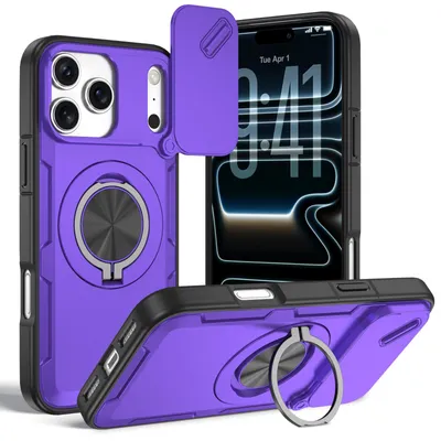 Produktbild von Magnetische Hülle für iPhone 17 Pro, Militär Stoßfest Handyhülle mit Kameraschutz und Ringhalter Ständer Lila