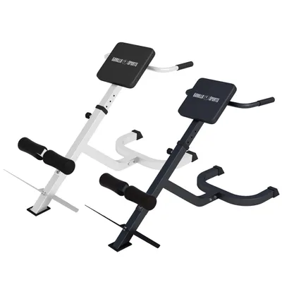 Two GORILLA SPORTS hyperextension trainers, one white and one dark gray, are shown against a white background.