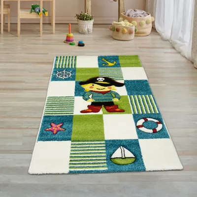 Obrázek produktu pro Dětský koberec Koberec na hraní Koberec do dětského pokoje Pirát v tyrkysově zelené barvě Velikost - 80 x 150 cm