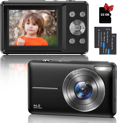 Produktbild von Digitalkamera, Fotokamera, CCD Retro Kamera, Kompaktkamera, 1080P 44MP Kamera, 16X Digitalzoom, mit 2,4" LCD Bildschirm, 32 GB SD-Karte, 2 Akku
