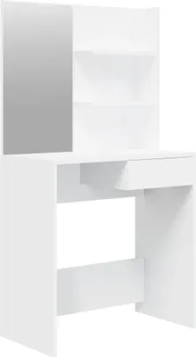 A white vanity table with a mirror and shelves.