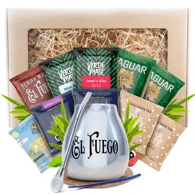 Produktbild von Cebador - Mate Tee Proben Set 10x50g - Yerba Mate Becher 350ml El Fuego - Mit Bombilla - Milder & Rauchiger Geschmack - Brasilien, Paraguay