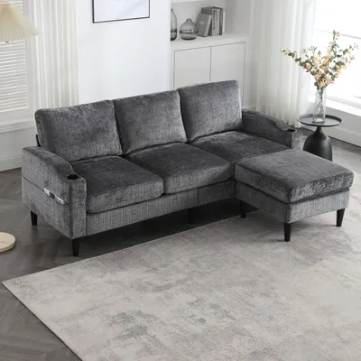 Produktbild von okwish Relaxsofa,4-Sitzer Sofa mit Hocker & Stauraum,Ecksofa Polstermöbel mit Armlehnen und Getränkehalter, Big Sofa mit Seitentaschen &Kunststofffüßen,Grau